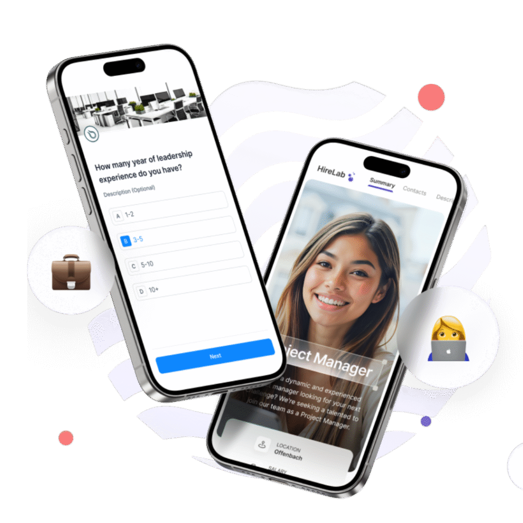 Two smartphones displaying an employee hiring application form interface with fields for experience and a project manager profile, streamlining the application process.