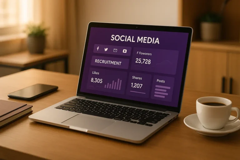 Social media dashboard with performance graphs, aiding in the development of an effective Social media recruitment strategy and campaign optimization for talent acquisition.