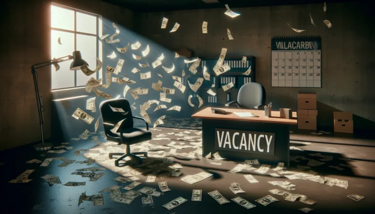 Desk with a "VACANCY" sign amidst falling banknotes, metaphorically illustrating the substantial cost of vacancy and its impact on a company's bottom line.