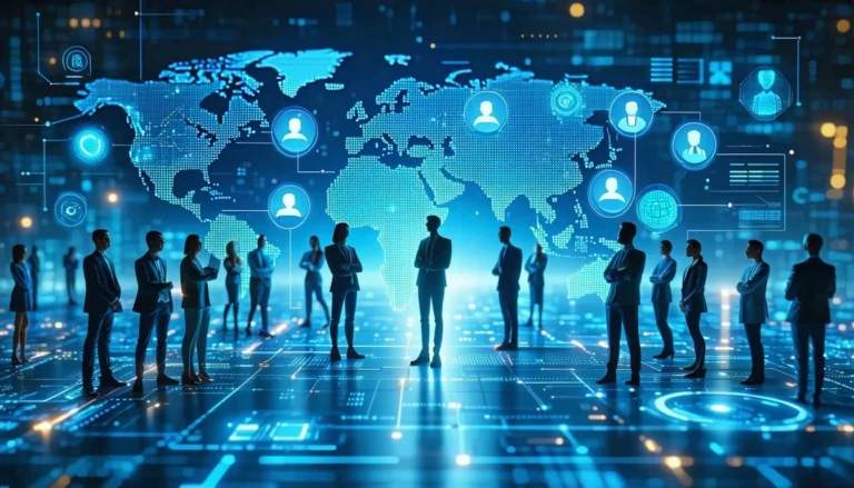 Global network of interconnected user icons over a digital map and professional figures, illustrating emerging AI recruiting trends 2025.