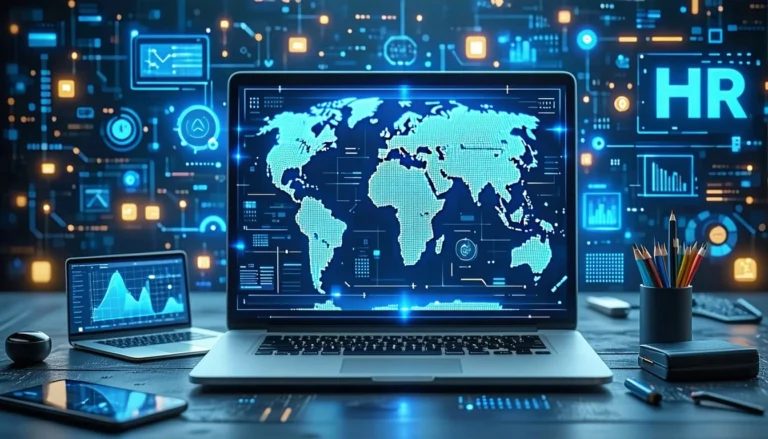 Laptop displaying a global map and data interfaces, alongside other digital screens, symbolizing an AI recruitment platforms review.