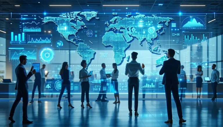 Professionals interacting with a holographic world map and data visualizations, illustrating global reach with cutting-edge HR tech solutions for modern businesses.