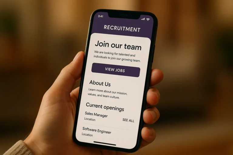 Smartphone displaying a mobile-optimized job page, illustrating best practices recruitment landing pages with a "Join our team" section and current openings for easy access.