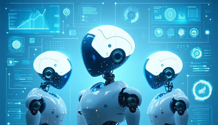 Three AI-powered robots with futuristic designs stand before a digital interface displaying data and analytics related to AI-powered passive candidate recruitment processes.