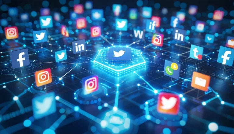 Interconnected social media icons like Twitter, Facebook, and Instagram, illustrating effective social media prospecting strategies and digital networking.