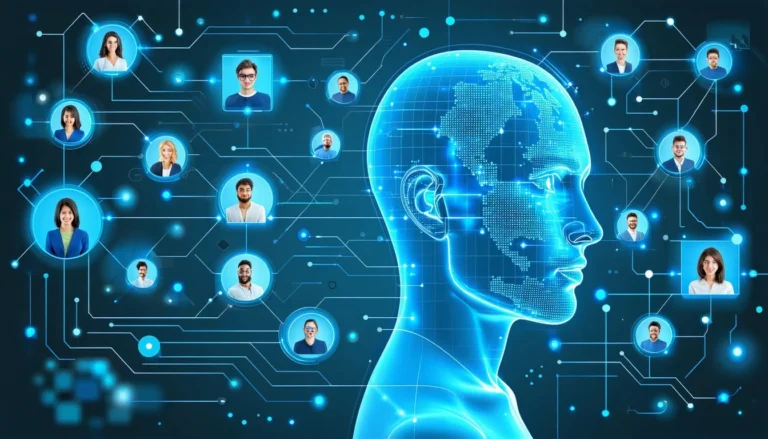 Digital network with a central AI mind linking to diverse user avatars, representing global ai-based passive candidate identification systems.