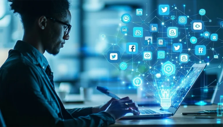 A professional working on a laptop, with social media icons and a glowing lightbulb illustrating innovative social media sourcing for recruitment.