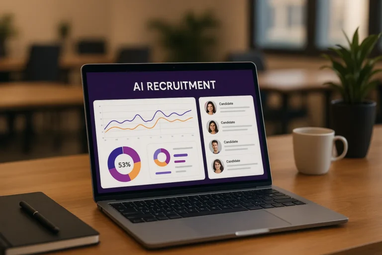 Digital interface on a laptop showcasing analytics and applicant data, symbolizing the powerful capabilities of Free AI recruitment tools for modern talent acquisition.
