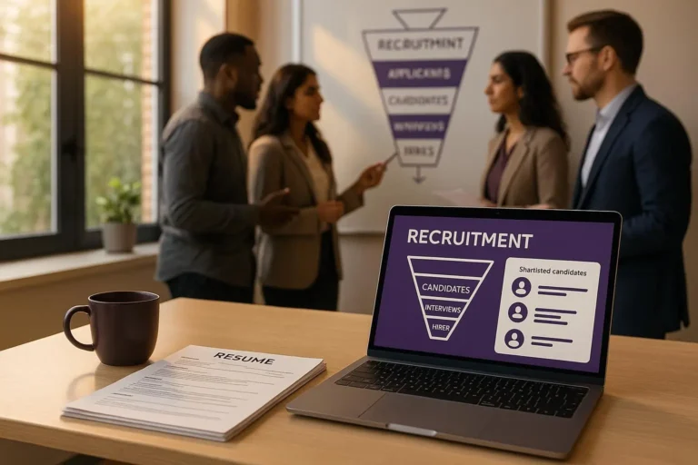 Professionals discussing hiring while a laptop displays a dashboard of a candidate funnel, showing stages from candidates to interviews and final hires.