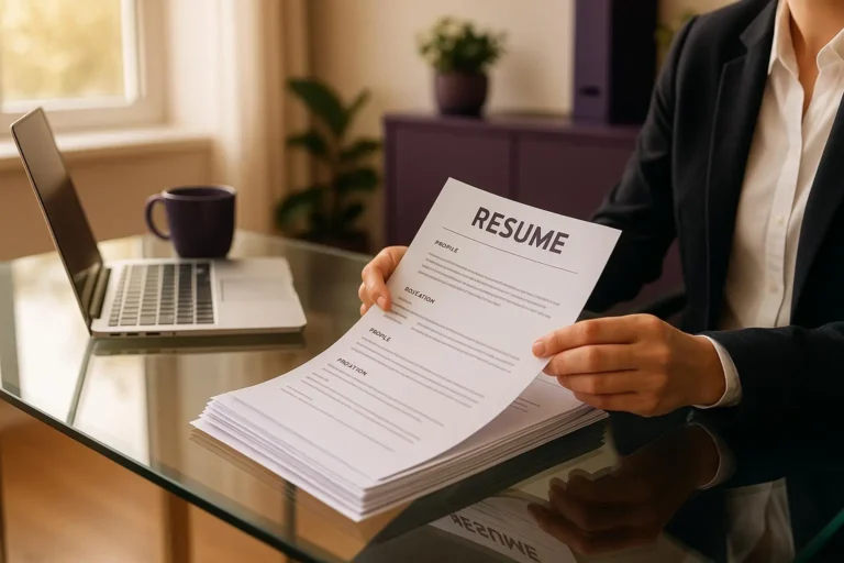 Hands holding a resume stack with a laptop in the background, representing a streamlined hiring funnel process for efficient talent acquisition and selection.