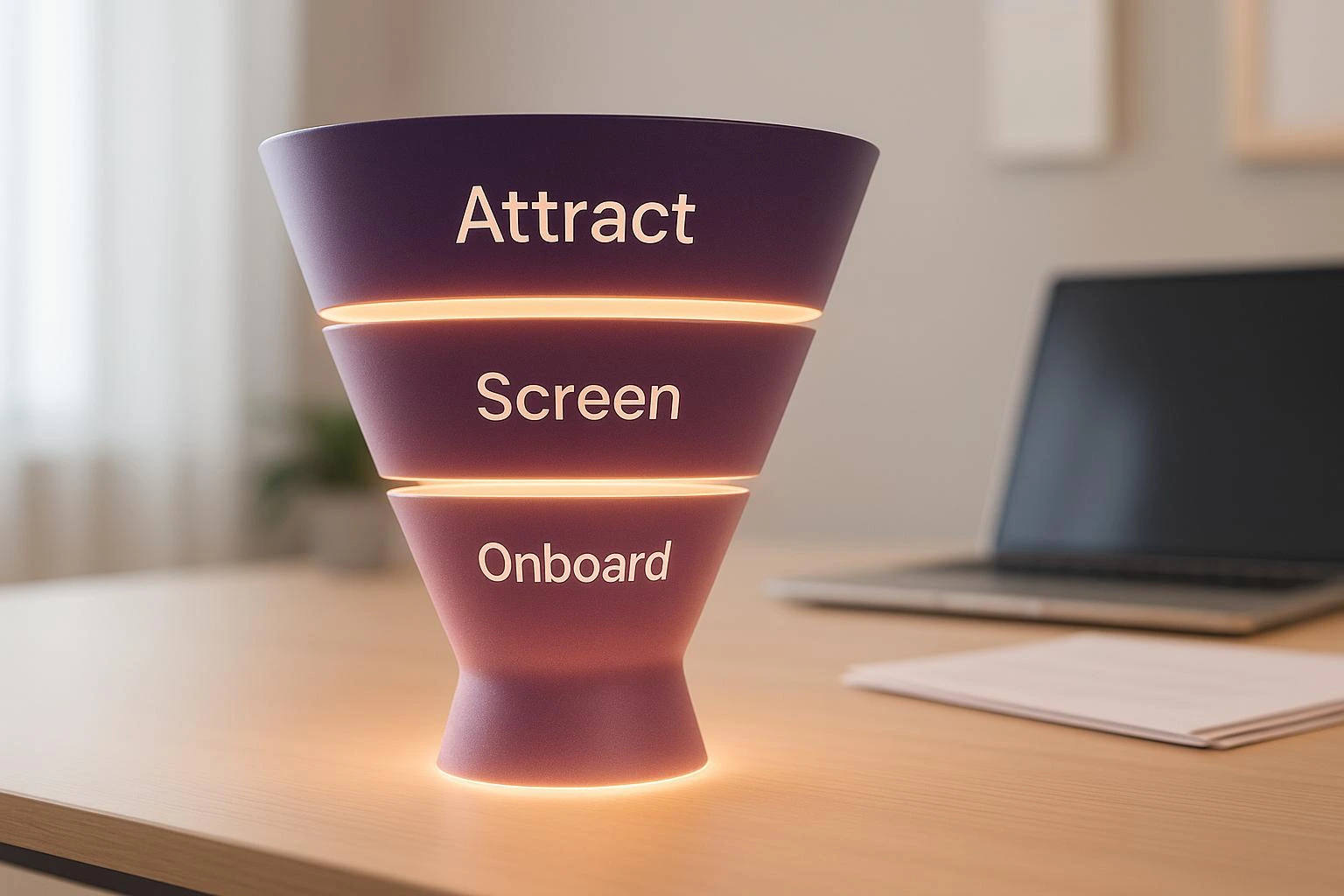 Illuminated funnel graphic labeled "Attract," "Screen," and "Onboard," representing a structured recruitment funnel template for a streamlined hiring process.