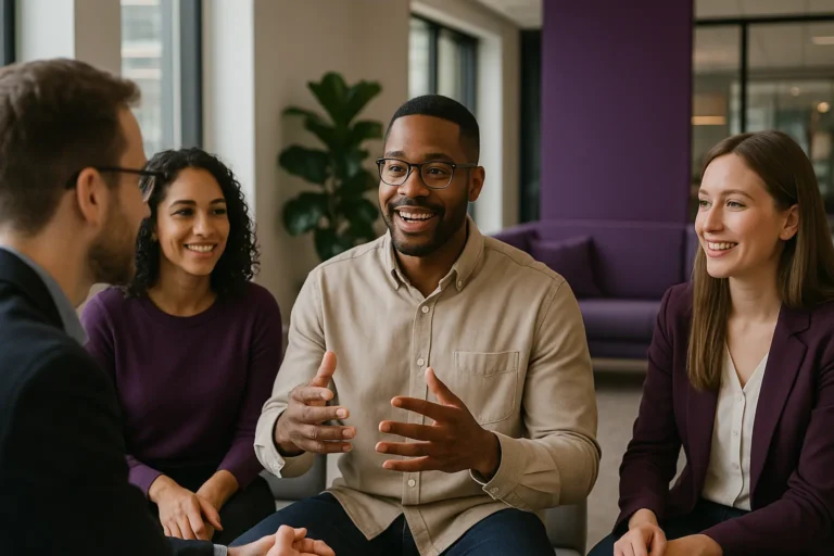 Colleagues smiling and talking in an office lounge, representing the effective communication needed to attract and nurture relationships with passive job seekers.