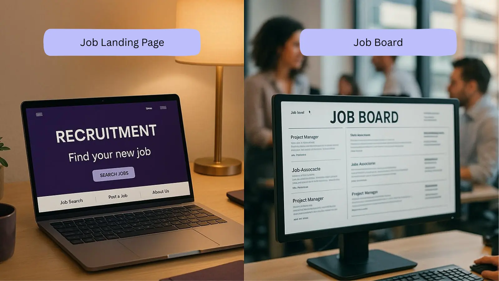 A side-by-side view showing a job landing page on a laptop and a job board on a desktop monitor in an office setting.