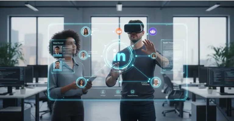 Two professionals using VR to explore a social recruitment platform connected to various social media networks.