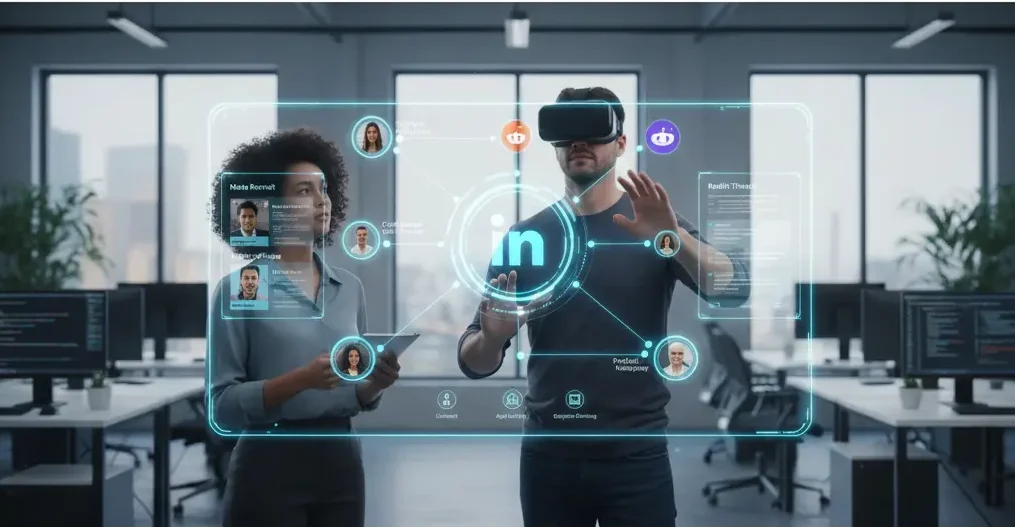 Two professionals using VR to explore a social recruitment platform connected to various social media networks.