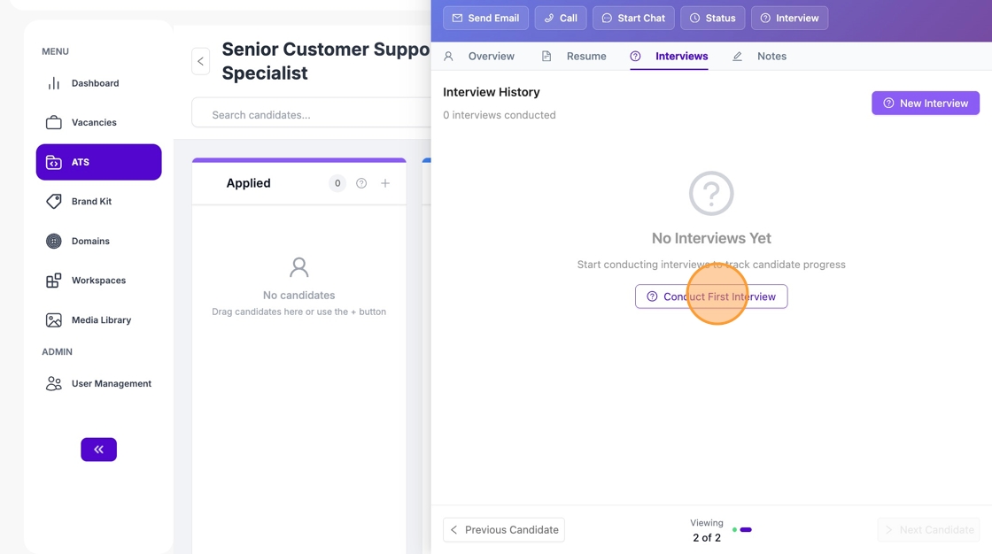 Screenshot of an ATS where a recruiter is initiating the interview recruitment process for a candidate.