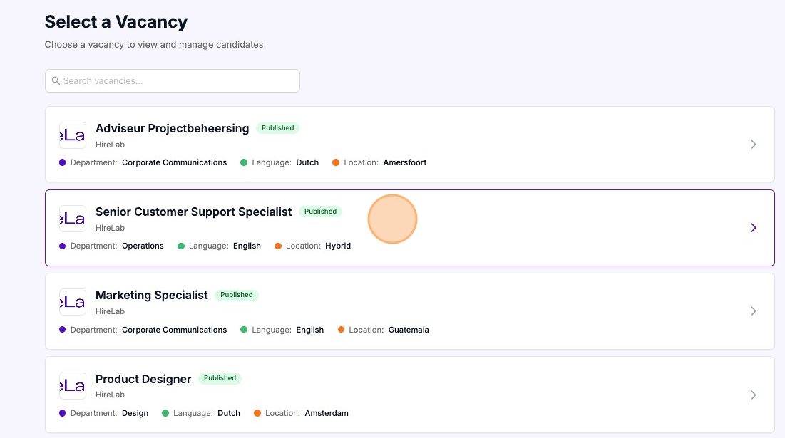 A list of published job vacancies displayed on an ATS platform, including roles and locations.