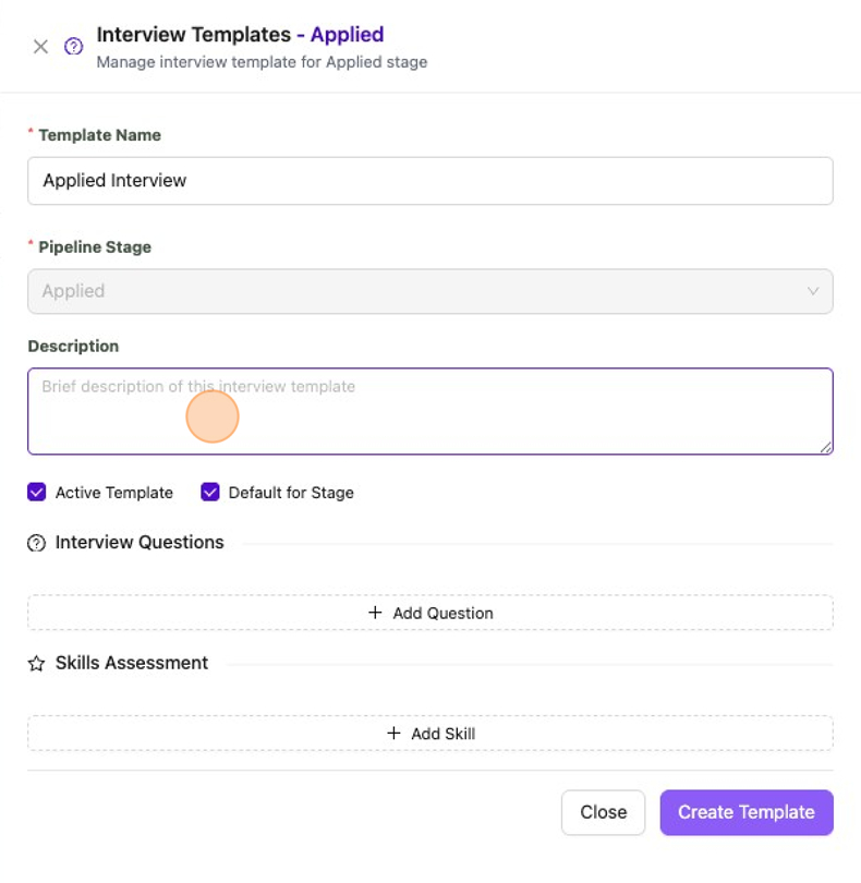Screenshot of a pop-up window to manage interview template settings within an Applicant Tracking System.