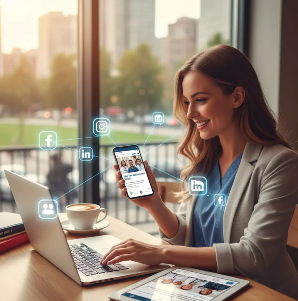 Woman using a phone and laptop connected to social media icons, focusing on social recruitment for healthcare.