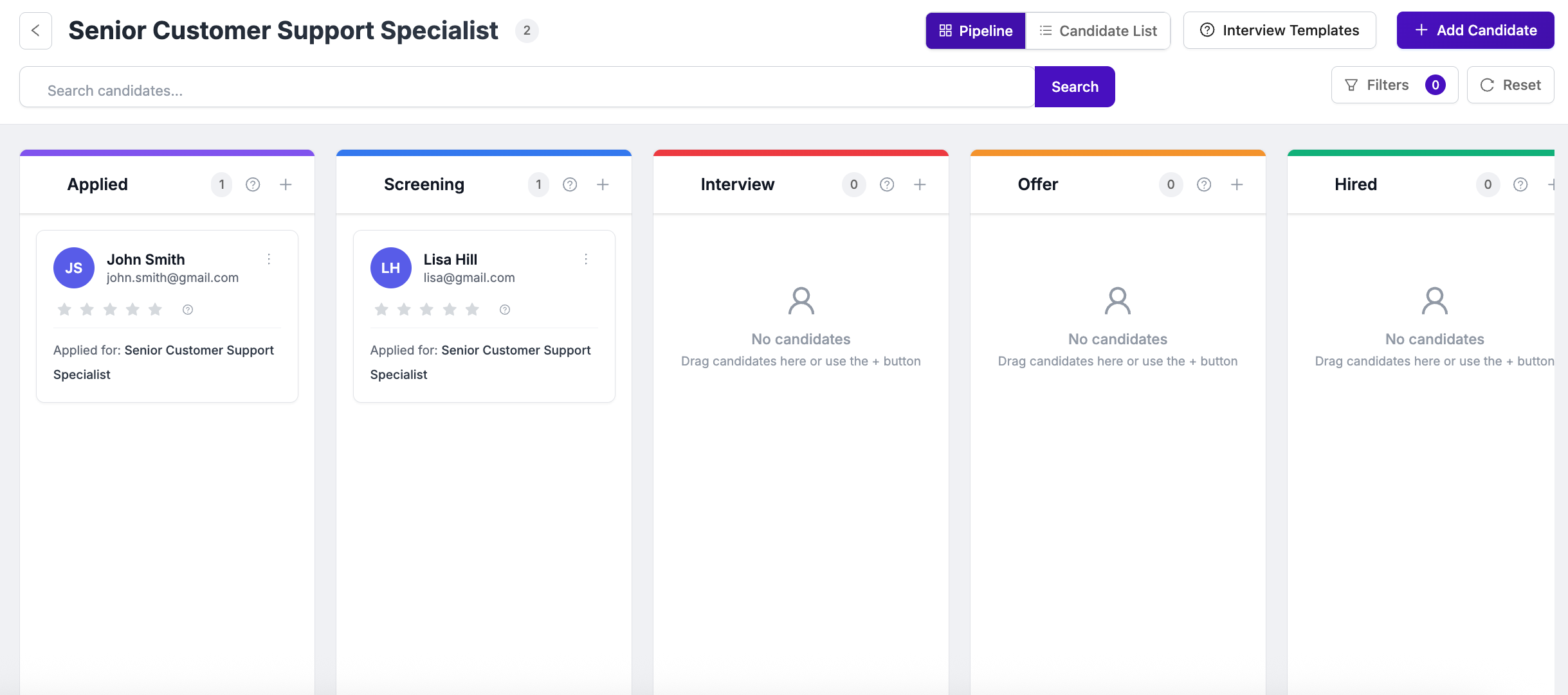 Kanban-style ATS Dashboard interface for the Senior Customer Support Specialist role, showing five recruitment stages.