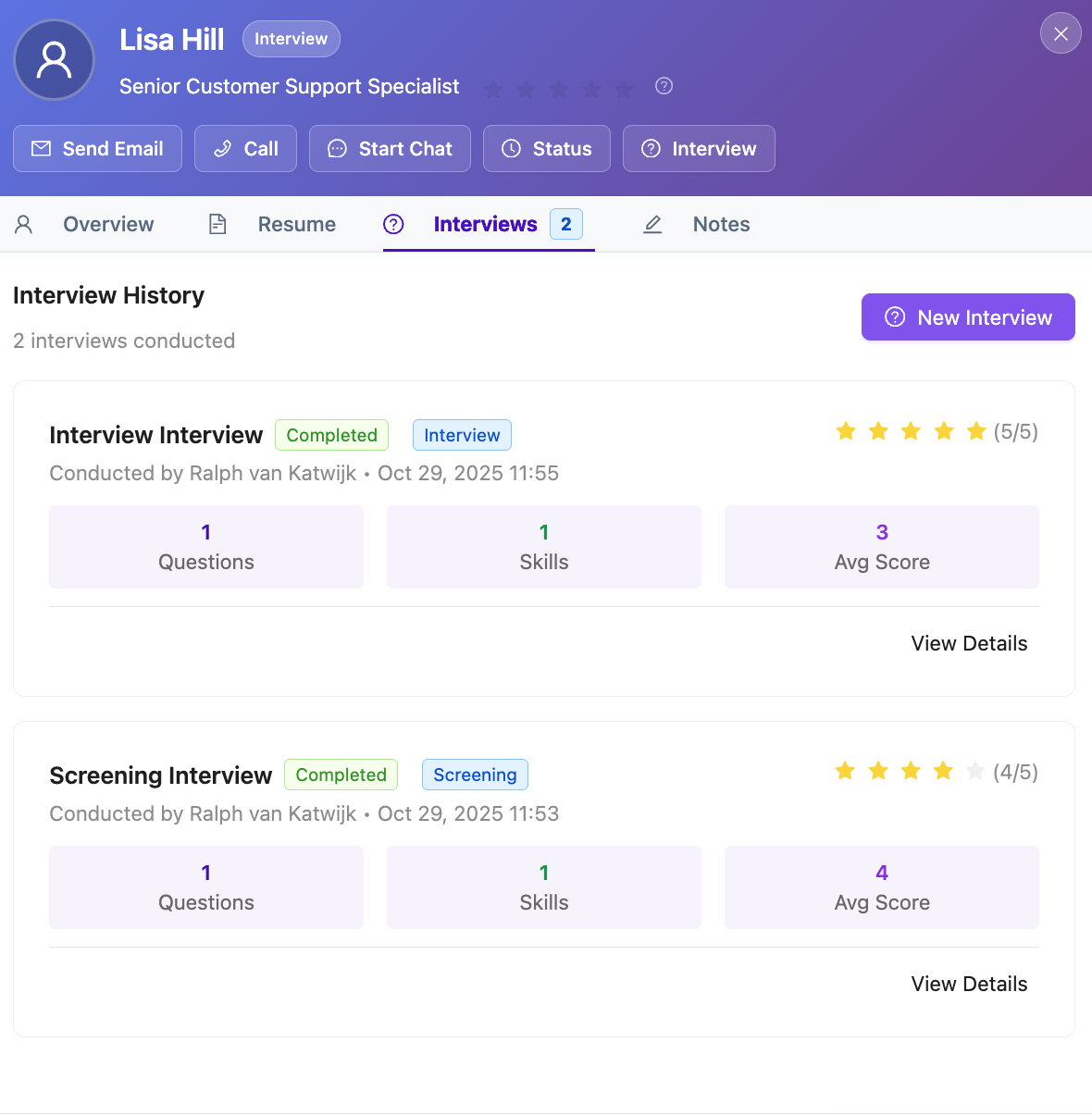 A candidate card interface displaying the history and scores for two completed interviews in an ATS.