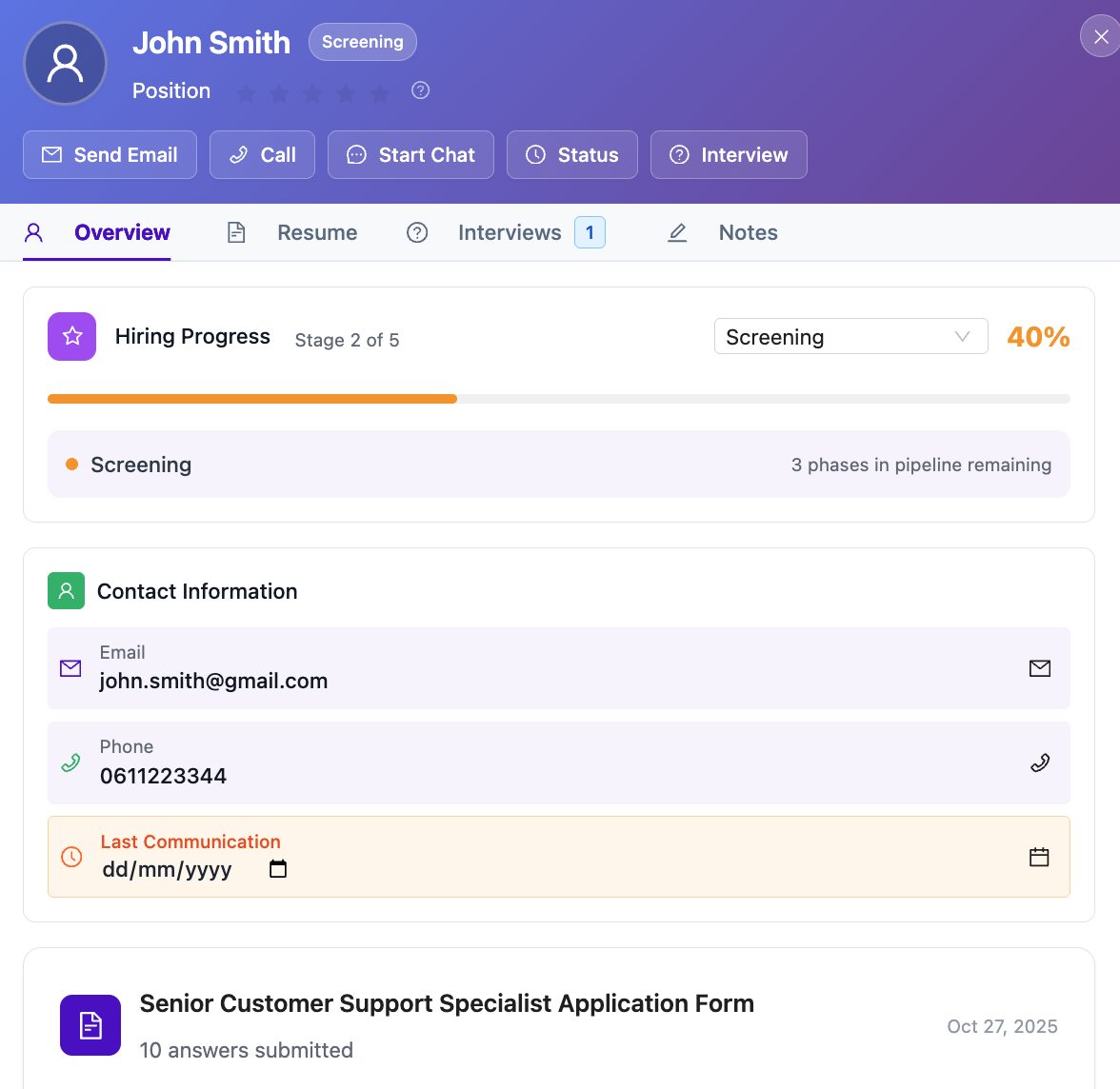 Detailed candidate card view on an ATS showing an applicant's contact details, experience, and application data.