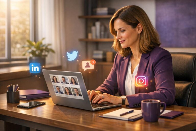 Recruiter at desk using laptop to manage recruitment on social media through various digital networking platforms.