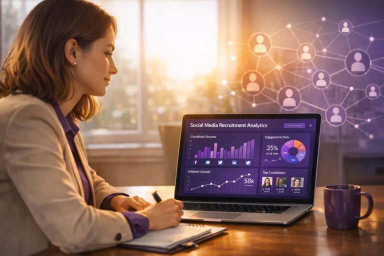 A laptop standing on a table with the display of social media recruitment statistics