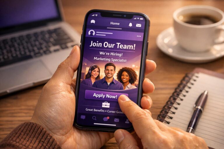 Gemini said A person using a smartphone to view recruitment social media content for a job opening at a desk with coffee and a laptop.