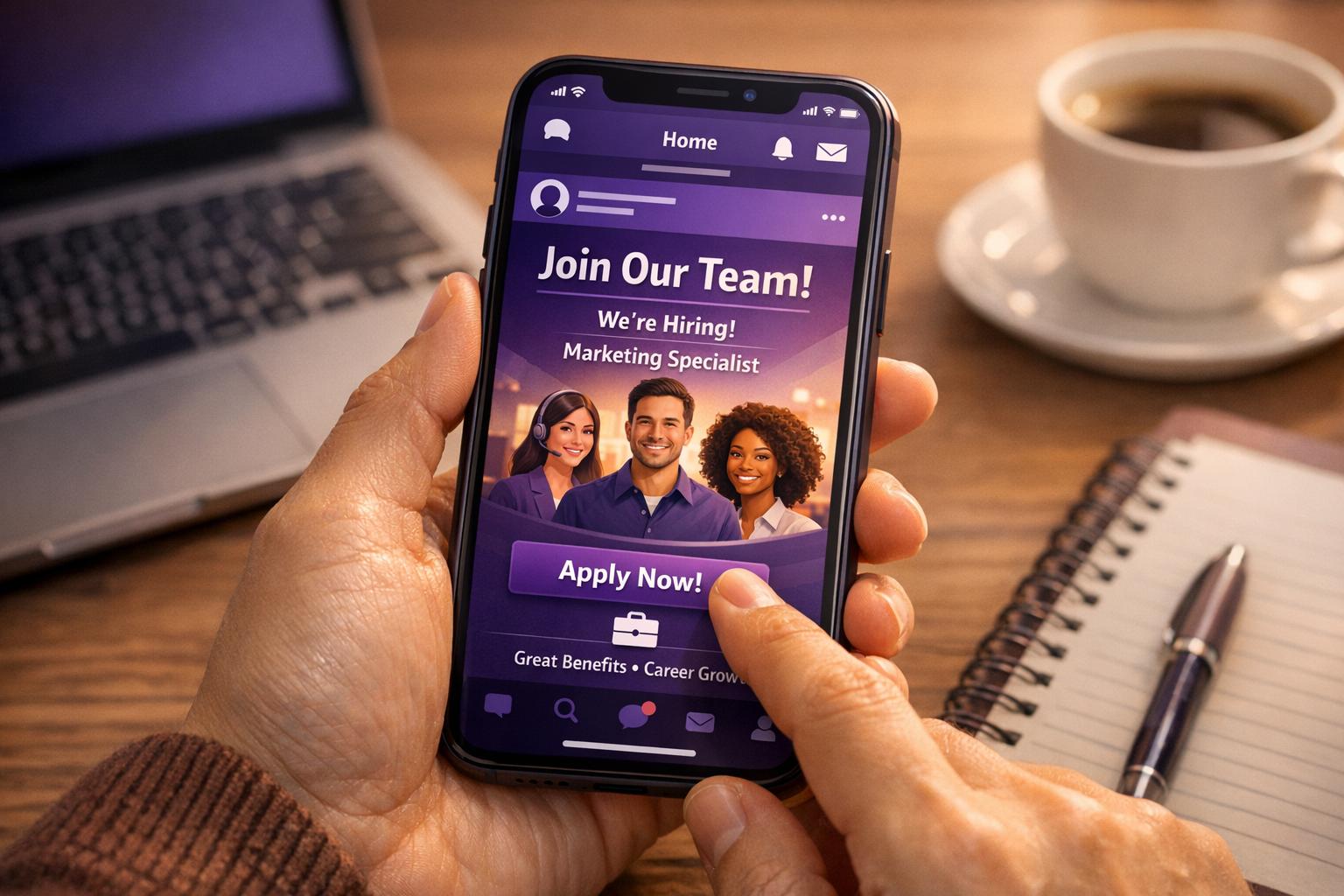 Gemini said A person using a smartphone to view recruitment social media content for a job opening at a desk with coffee and a laptop.