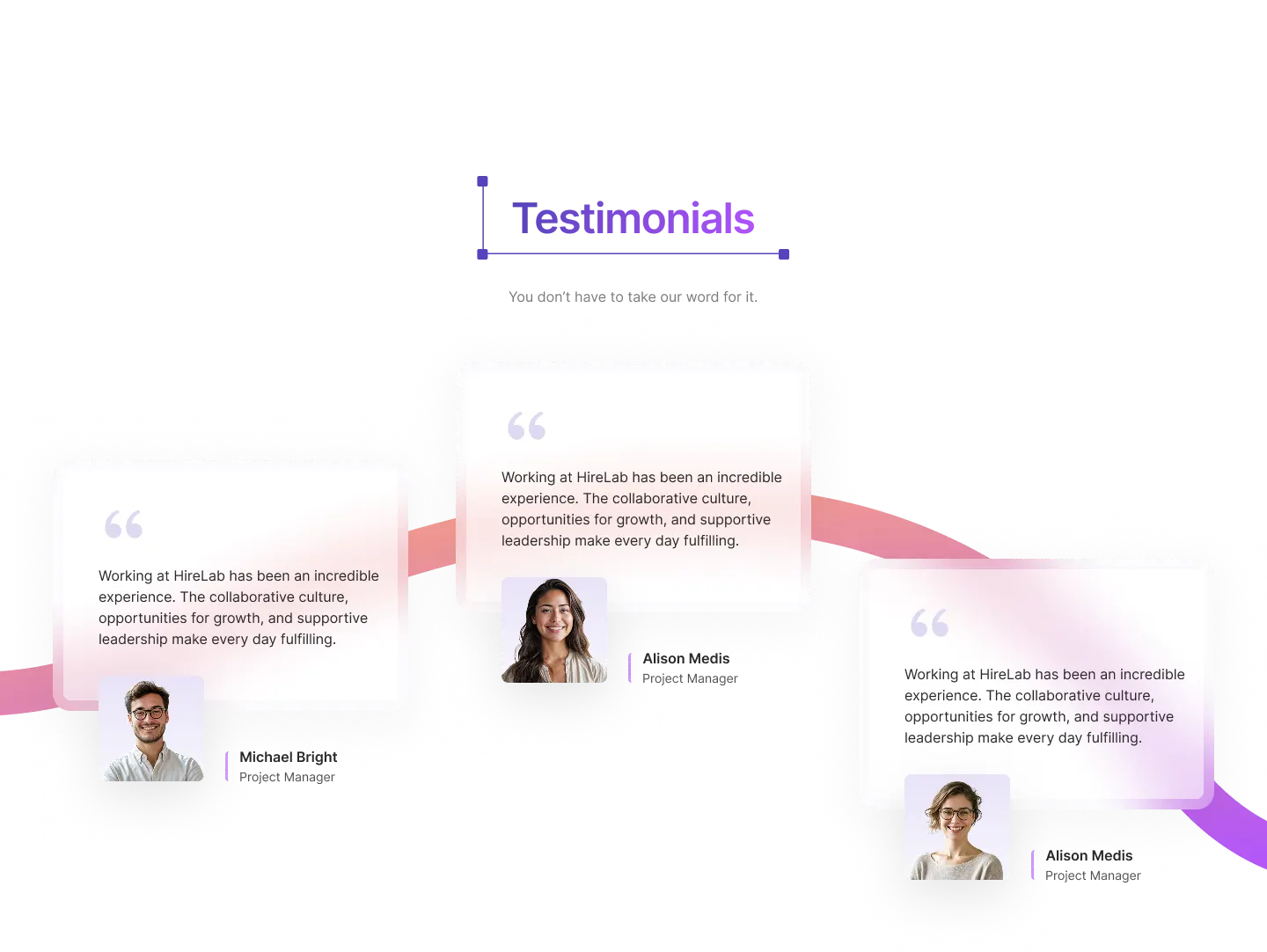 Testimonial section created with a recruitment landing page builder featuring candidate reviews and star ratings.