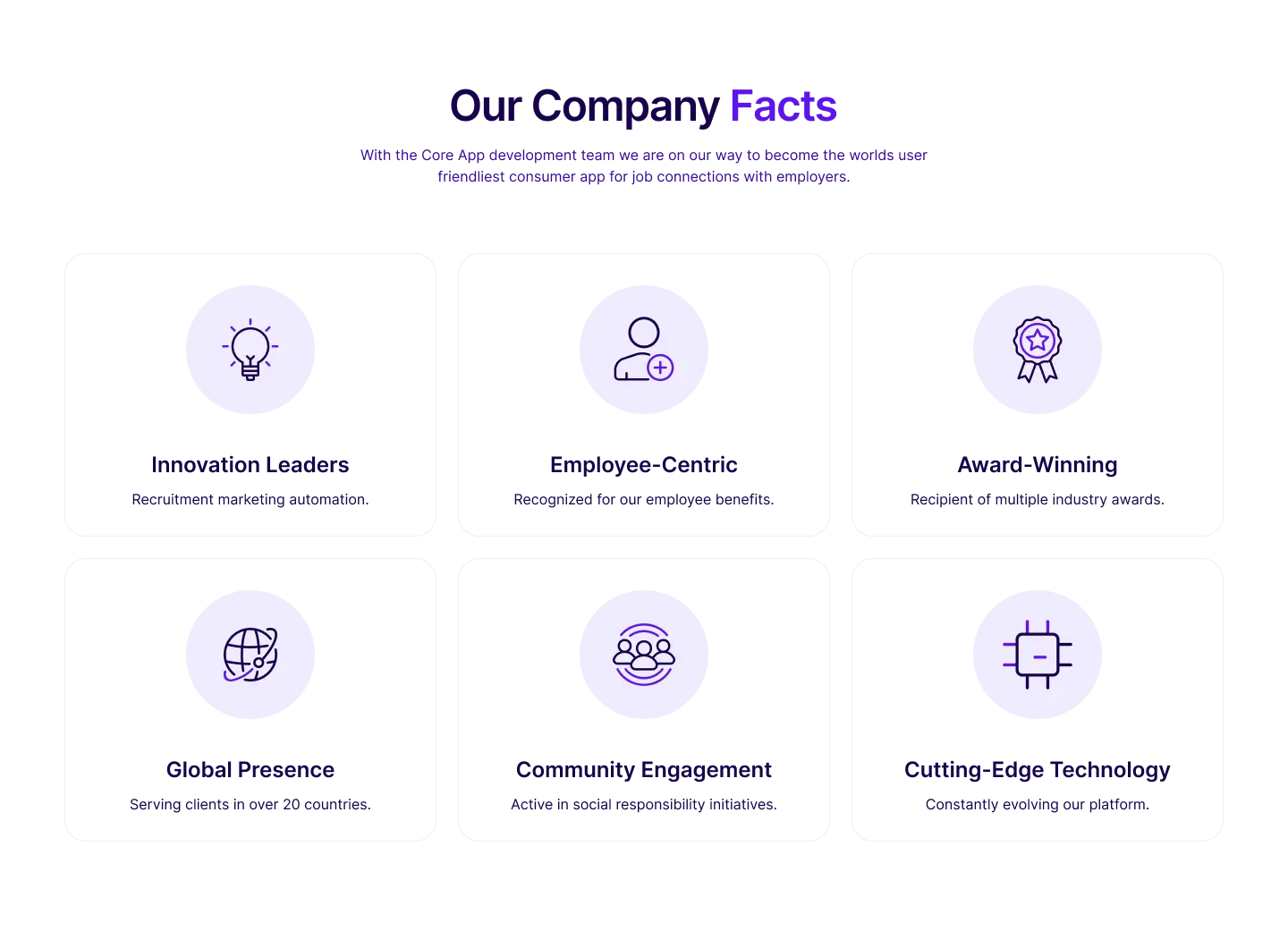 Company facts module inside a recruitment landing page builder displaying key statistics, perks, and team details.