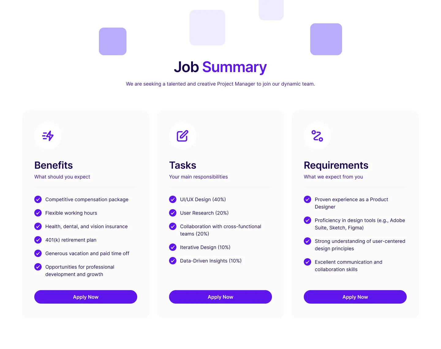 Summary section layout designed using a recruitment landing page builder to highlight key job overview details.
