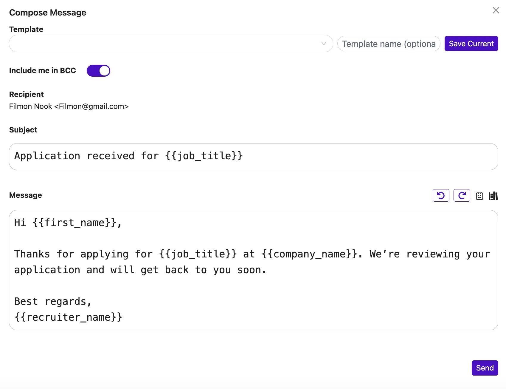 ATS candidate messaging screenshot