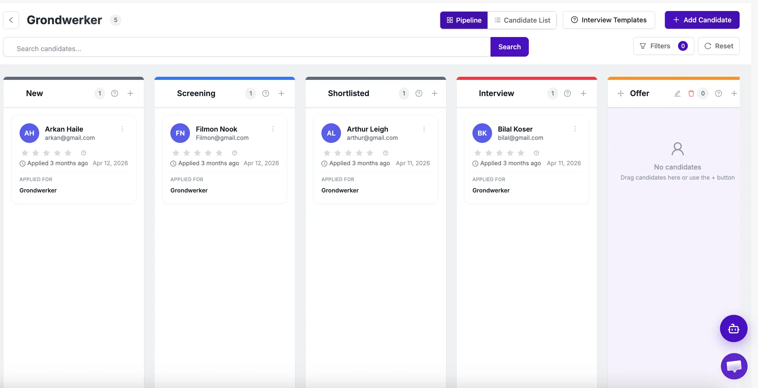 White label ATS candidate pipeline screenshot